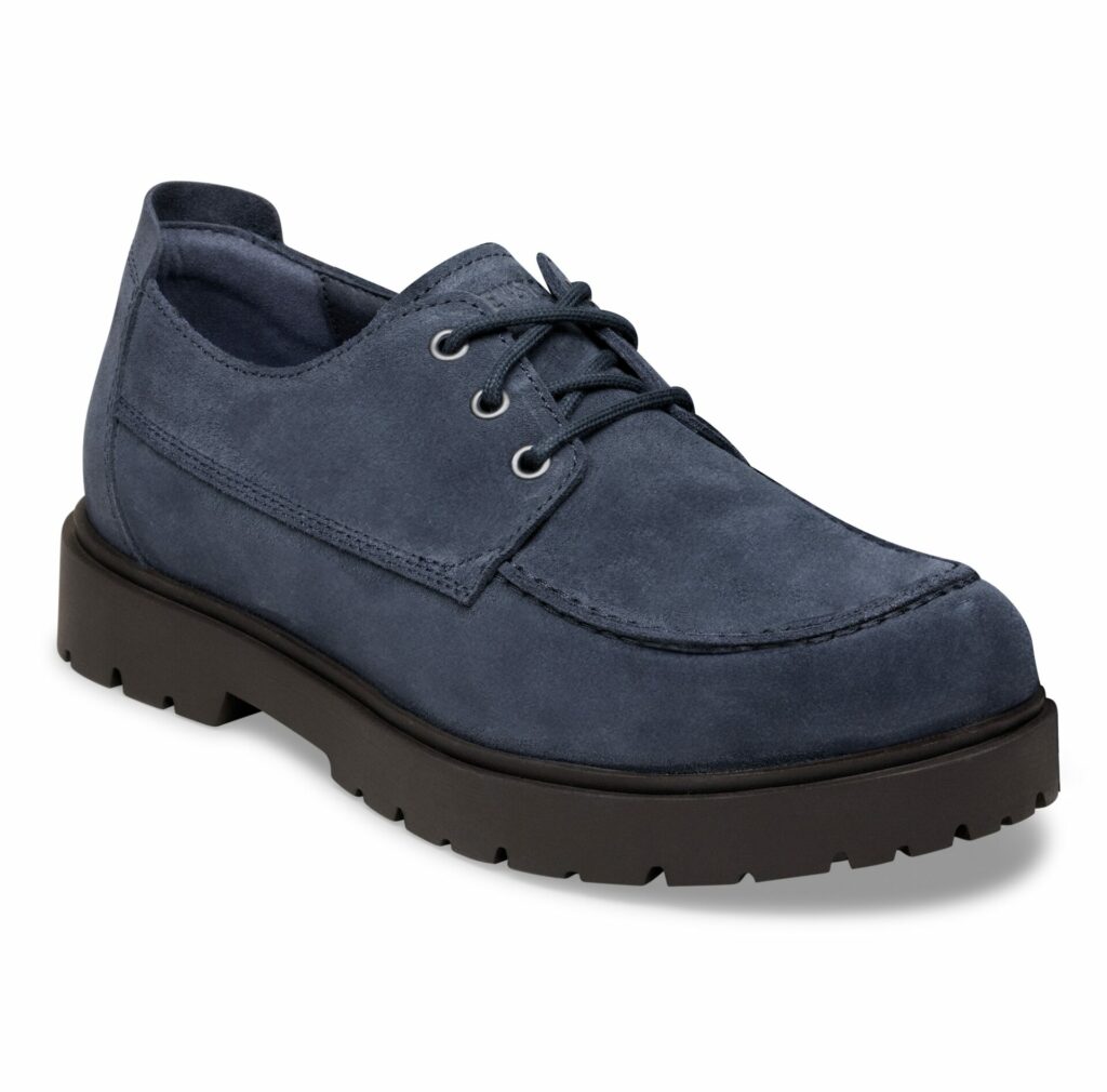 A product shot of the Birkenstock Highwood Moc Lace Low in blue suede as part of Attitude's spring shoes shopping gallery