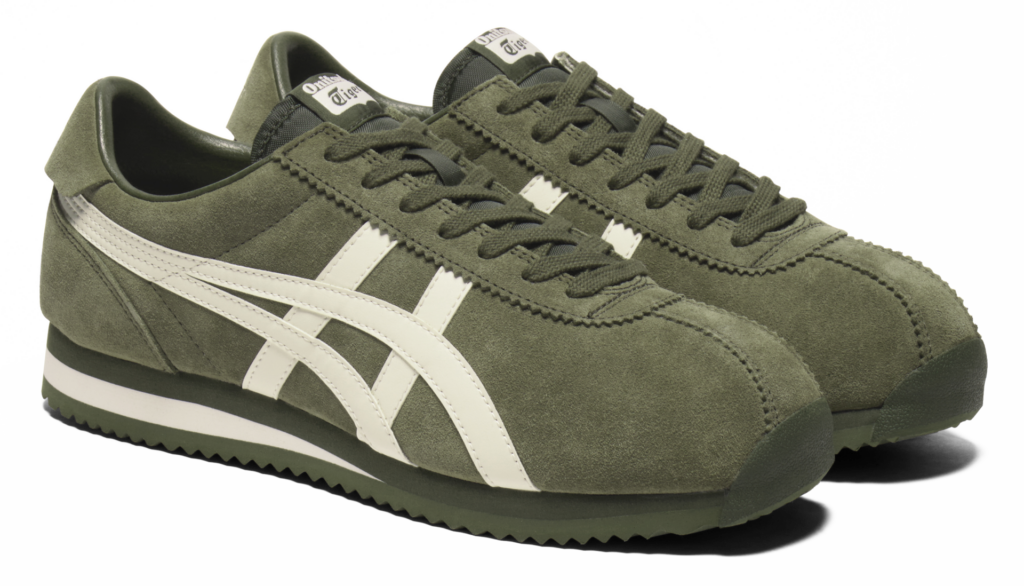 A product shot of the Onitsuka Tiger Tiger Corsair retro-inspired trainers in green suede as part of Attitude's spring shoes shopping gallery