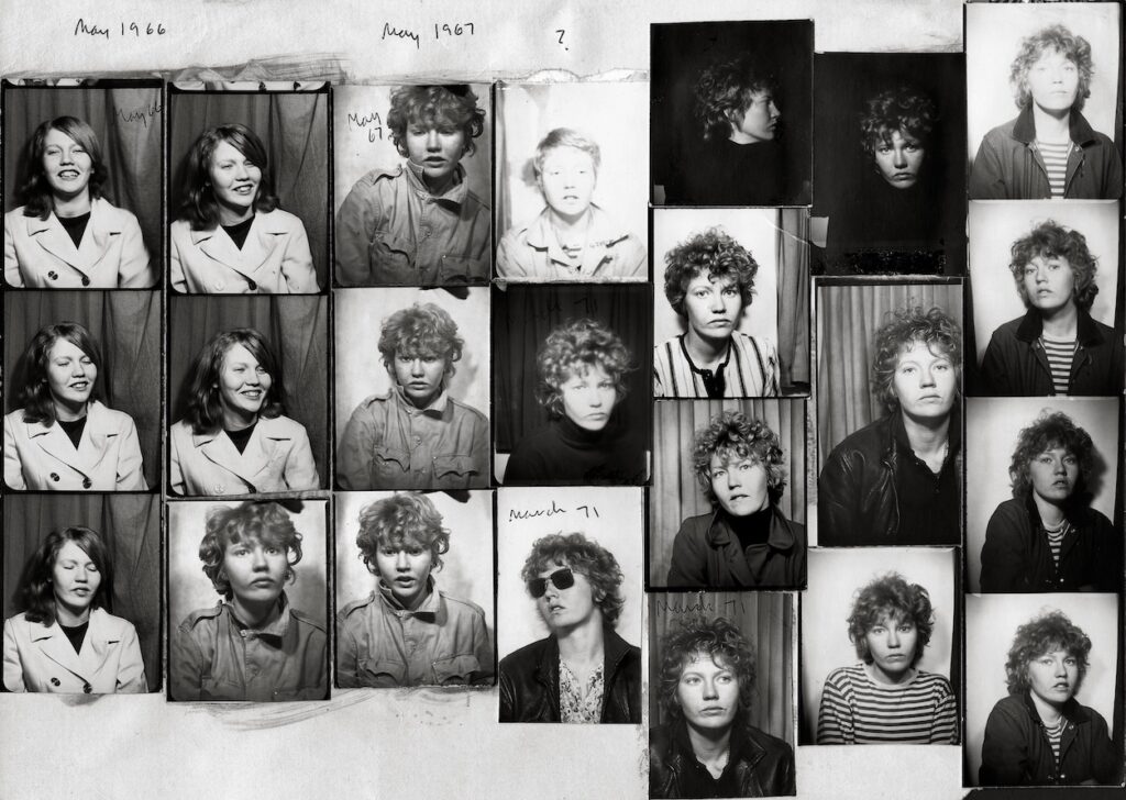 a series of photobooth pictures of a curly haired woman 