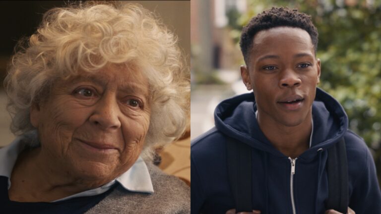 a composite of a close-up of Miriam with grey hair, and Alistair in a blue hoodie, head and shoulders, both stills from the film