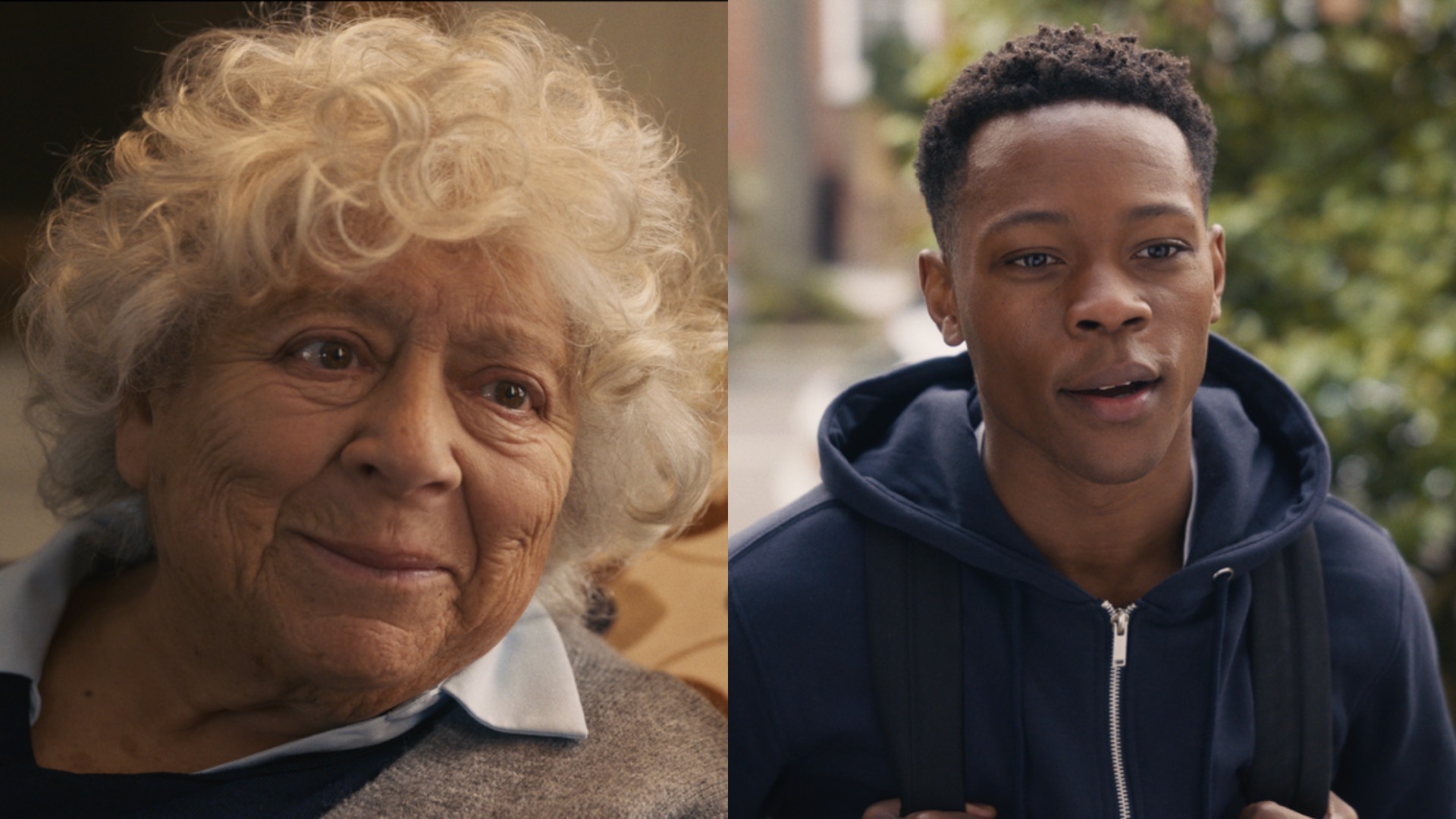 a composite of a close-up of Miriam with grey hair, and Alistair in a blue hoodie, head and shoulders, both stills from the film