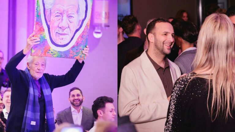 Composite image showing Ian McKellen holding a painting on the left and Zack Polanski smiling at the Attitude 101 reception