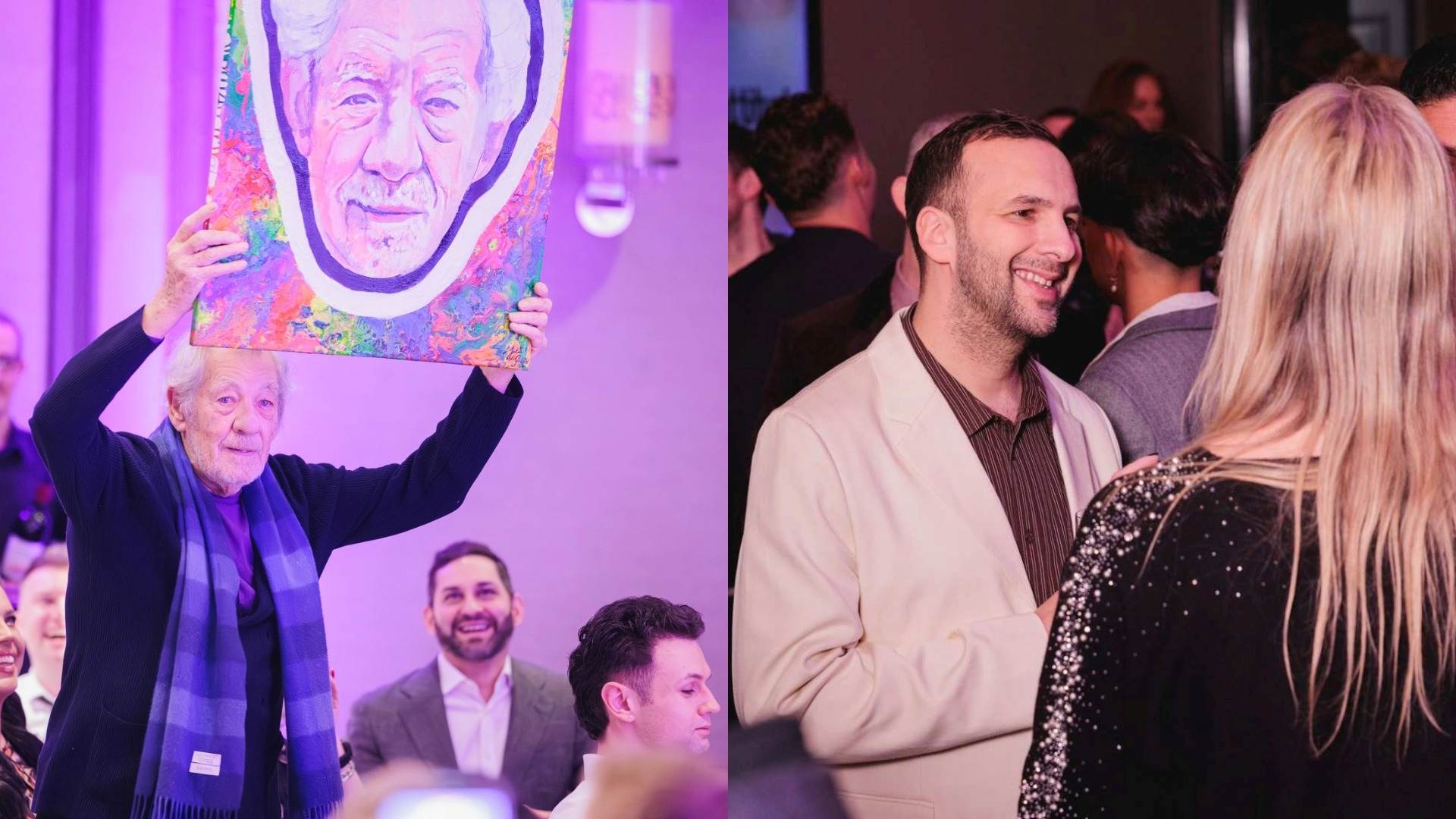 Composite image showing Ian McKellen holding a painting on the left and Zack Polanski smiling at the Attitude 101 reception