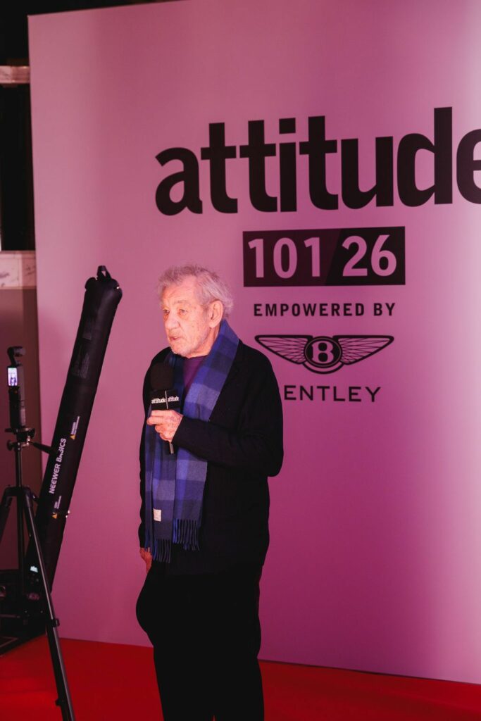 Ian McKellen talking on the red carpet of Attitude 101