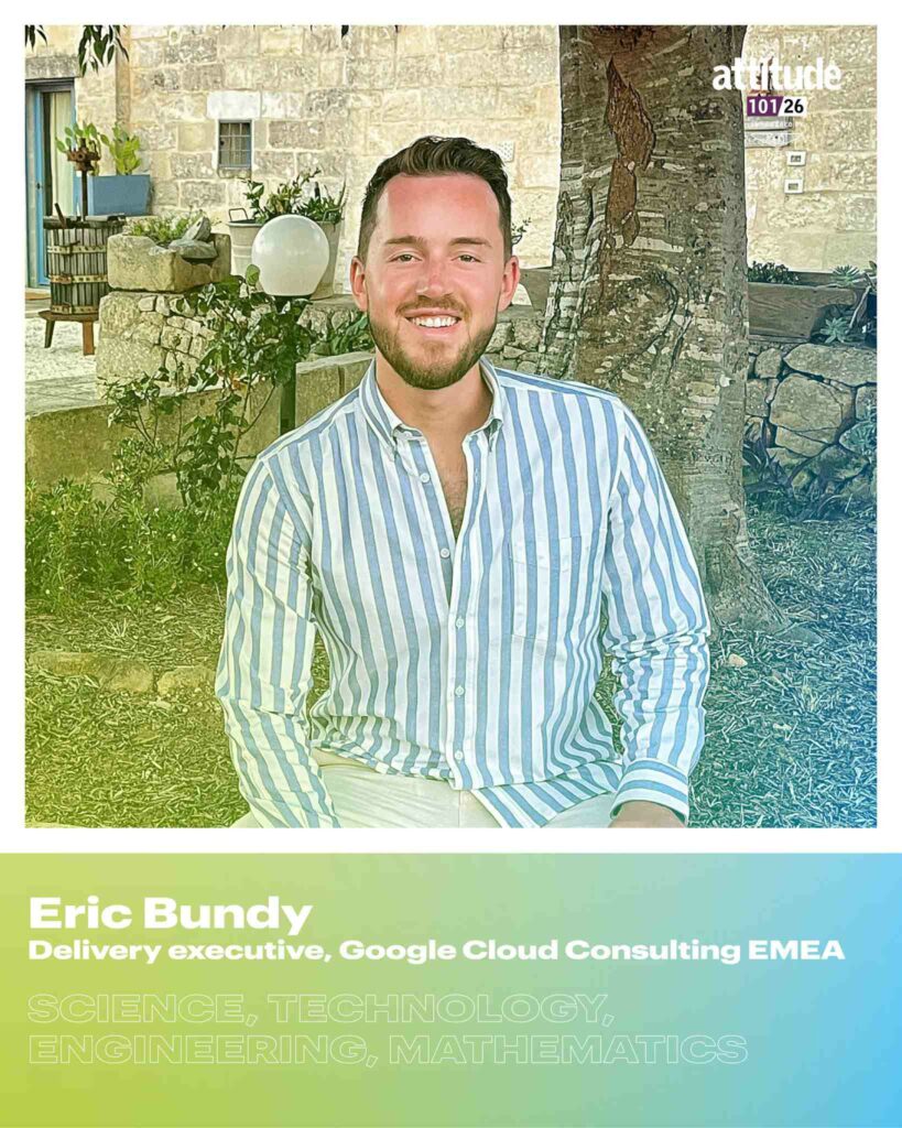 Eric Bundy smiling in a striped shirt, seated outdoors in a garden setting with stone buildings behind him, with the Attitude 101 logo visible in the top corner.
