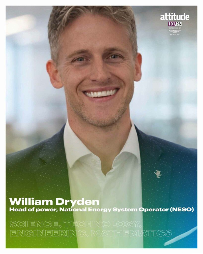 William Dryden smiling in a suit jacket and white shirt, photographed indoors, with the Attitude 101 logo visible in the top corner.