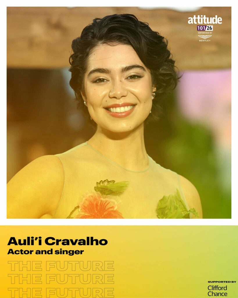 Auliʻi Cravalho smiling in a sleeveless floral dress with the Attitude 101 logo visible in the top corner.
