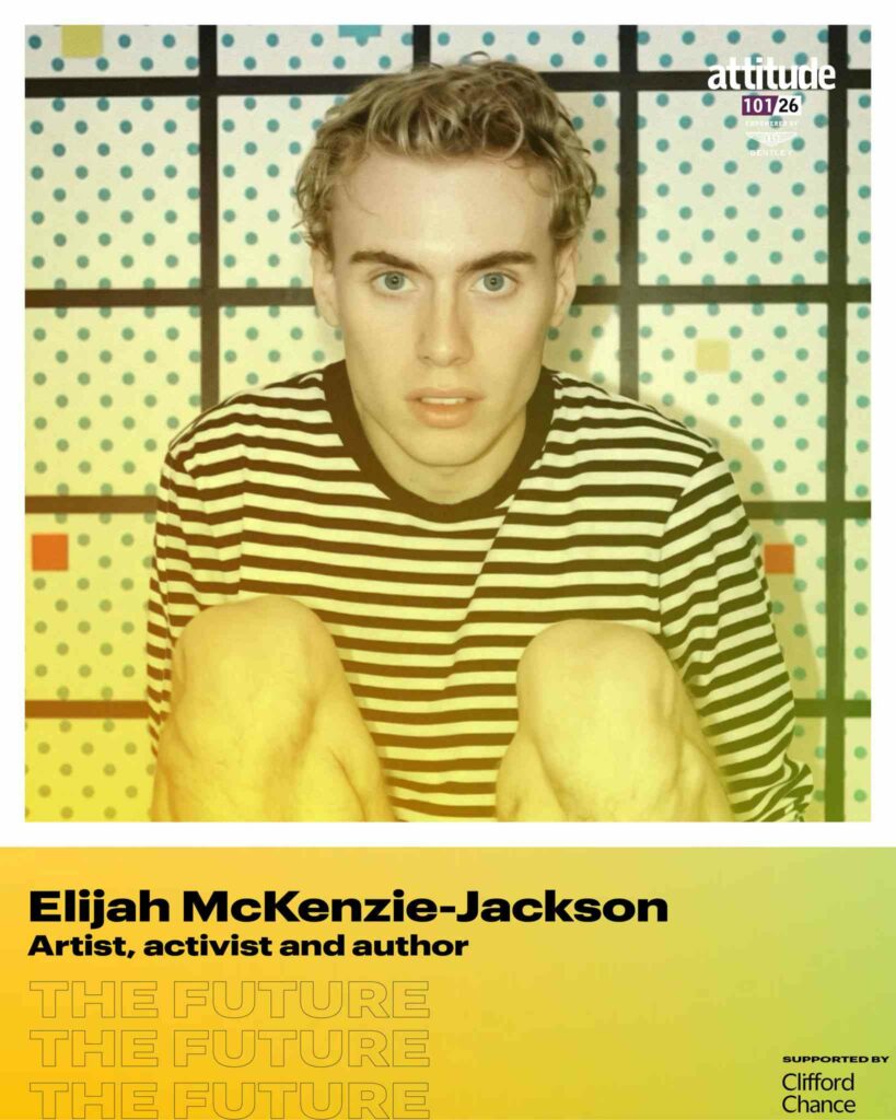 Elijah McKenzie-Jackson sitting against a patterned wall in a striped top, looking at the camera, with the Attitude 101 logo visible in the top corner.