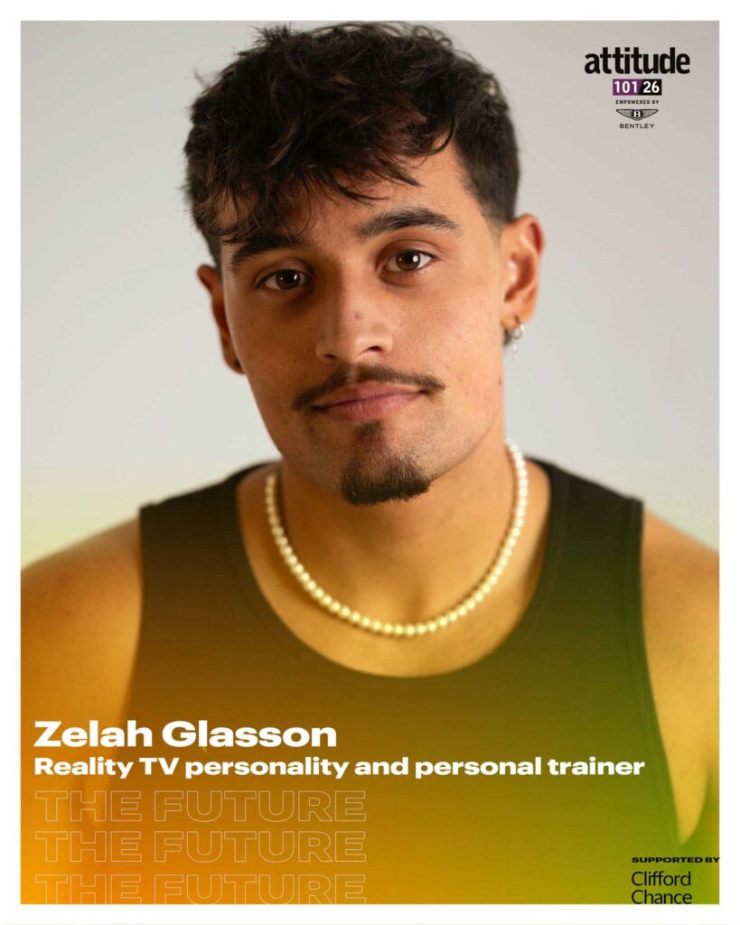 Zelah Glasson wearing a black vest and pearl necklace, looking at the camera against a light background, with the Attitude 101 logo visible in the top corner.