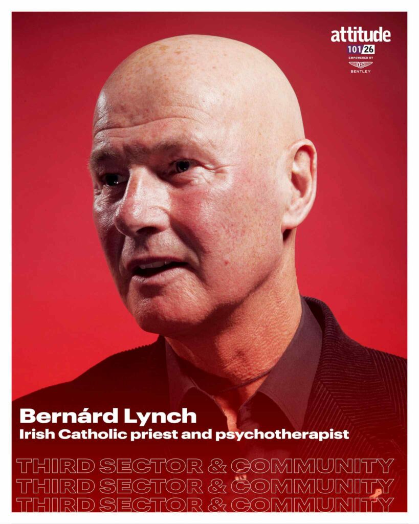 a designed photo tile of Bernard Lynch in a black shirt and blazer, with the text 'Irish Catholic priest and psychotherapist'