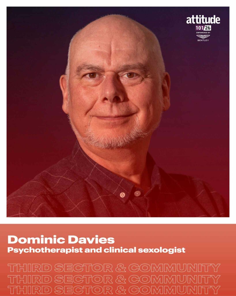 A designed photo tile of Dominic Davies in a box pattern dark shirt, with the text 'psychotherapist and clinical sexologist' added