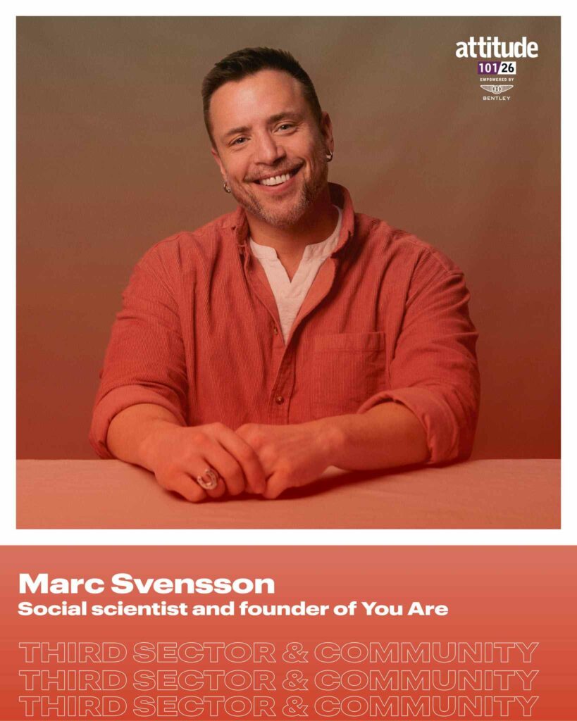 a designed photo tile of Marc Svensson wearing an orange shirt with the added text 'Social scientist and founder of You Are