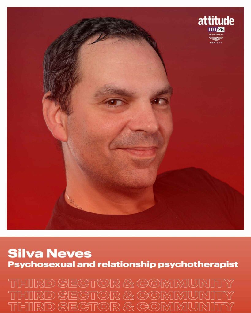 a designed photo tile of Silva Neves close-up in black top, with the added text 'psychosexual and relationship psychotherapist'