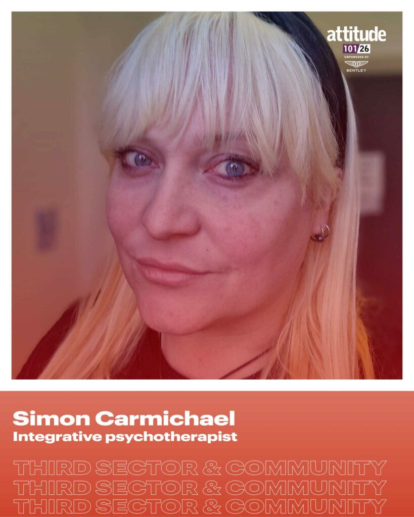 a designed photo tile of Simon Carmichael with blonde hair and black top, with the text 'integrative psychotherapist' added