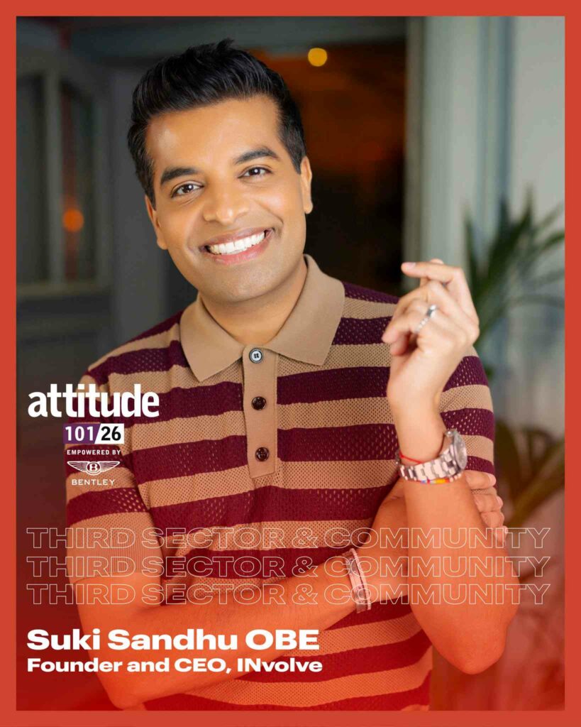 Suki Sandhu smiling in a striped T-shirt with the Attitude 101 logo in the lower left