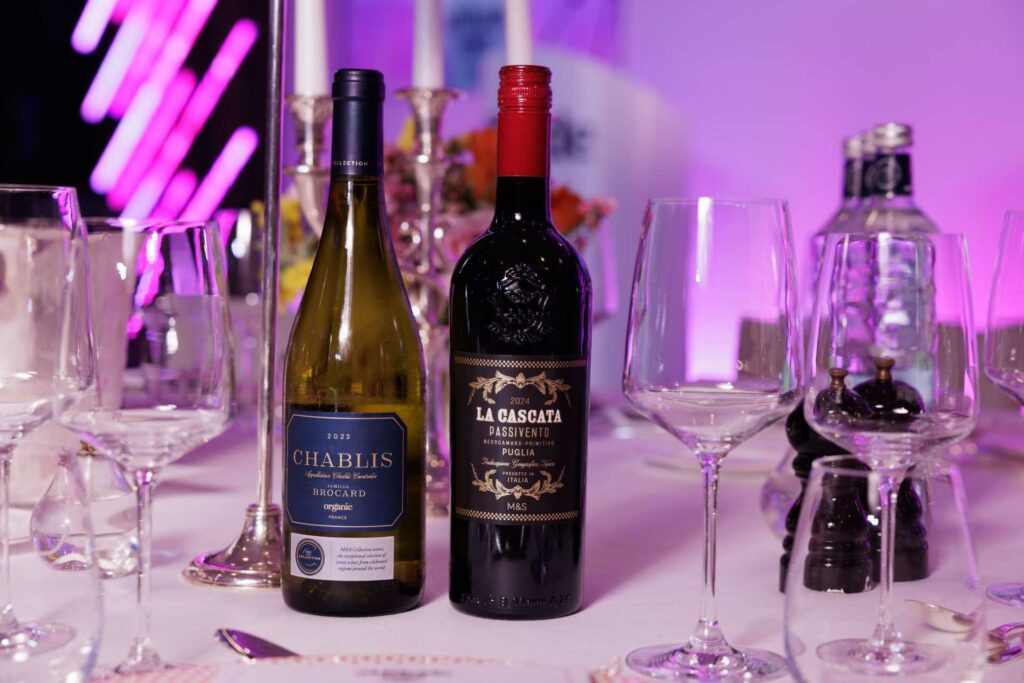 M&S wines on a table surrounded by glassware