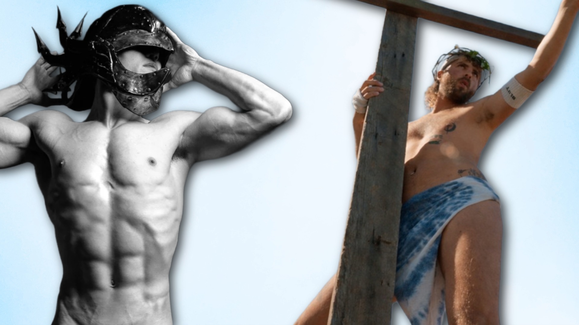 A stylised image featuring a shirtless man and another man dressed as Jesus holding a wooden cross