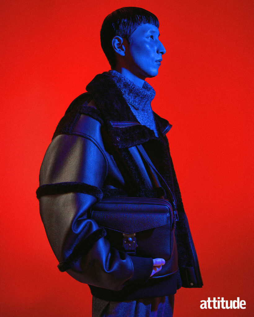 Menswear editorial featuring a model wearing a shearling lined jacket and turtleneck jumper