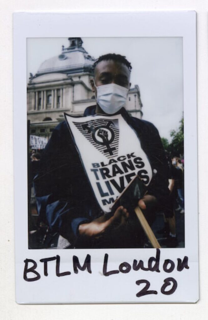 Polaroid of trans activist at a Black Trans Lives Matter in Parliament Square, 2020.