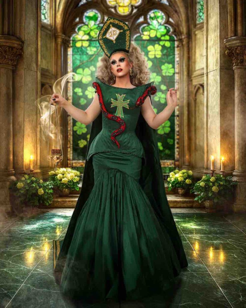 Bonnie Ann Clyde wearing a green dress inspired by the pope, in a church setting 