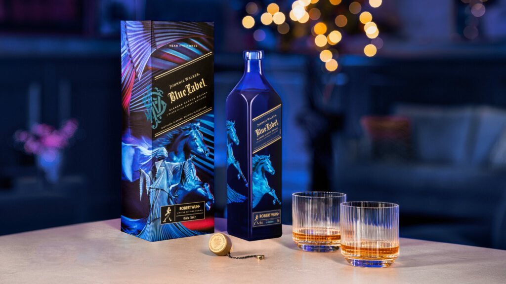 product imagery of the Robert Wun designed bottle of Johnnie Walker Blue Label for Lunar New Year 2026 
