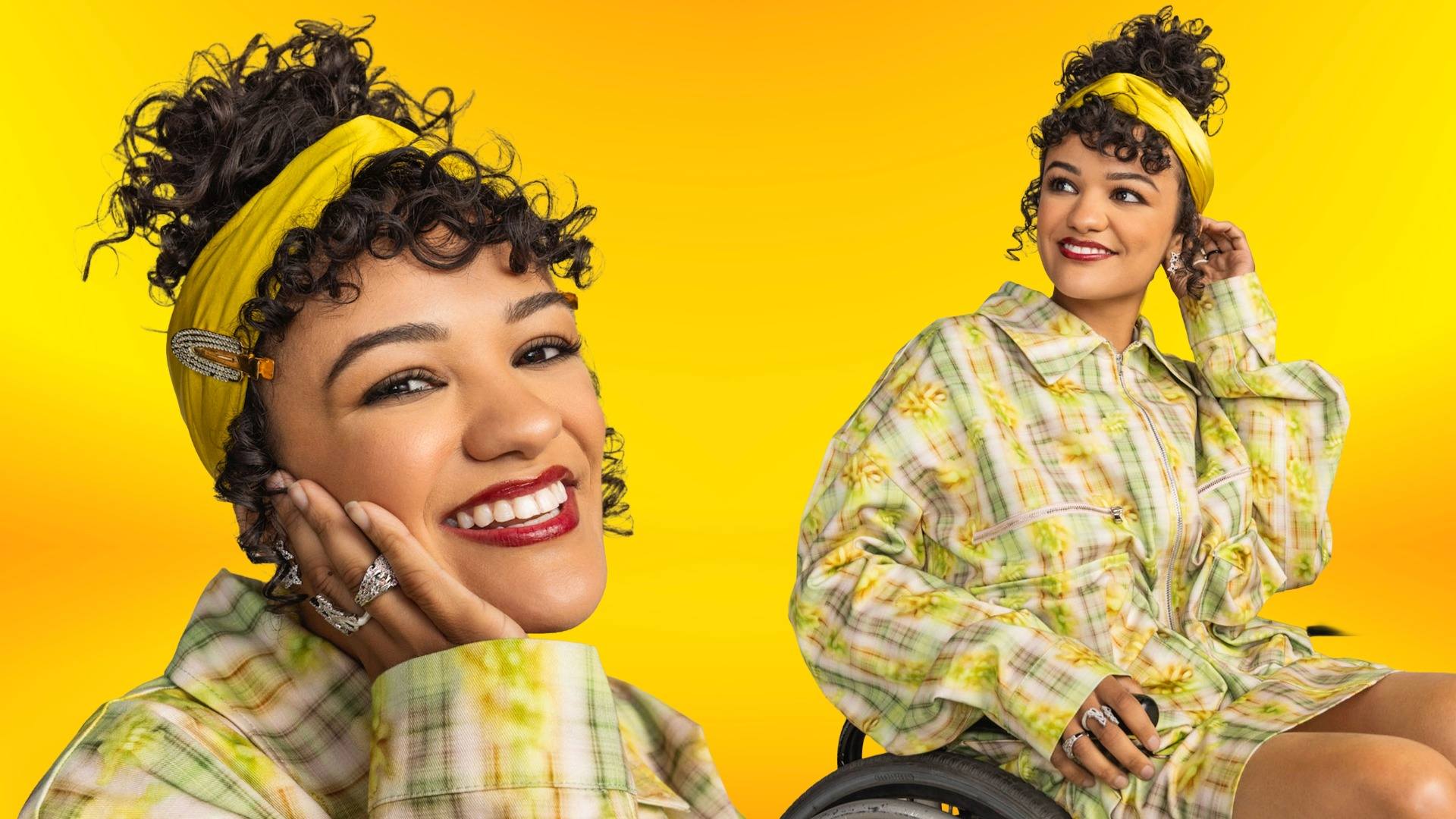 Marissa Bode in a colourful outfit and yellow headband against a yellow backdrop