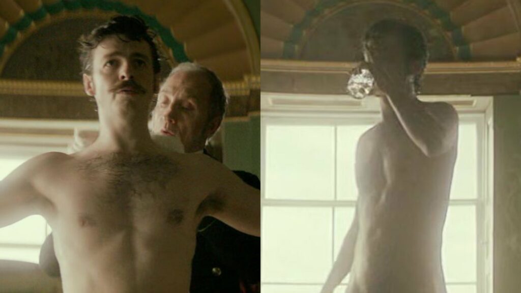 Anthony Boyle in House of Guinness rising fully naked out of the bath drinking a glass of whiskey