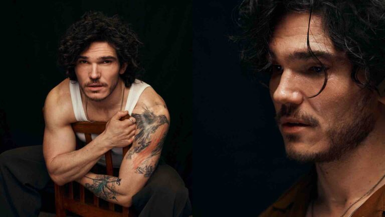 Fra Fee leans over the back of a chair with his arms resting to the left, while a close-up on the right captures his serious expression