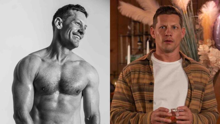 James Sutton shirtless in black and white on the left and his Hollyoaks character John Paul McQueen on the right