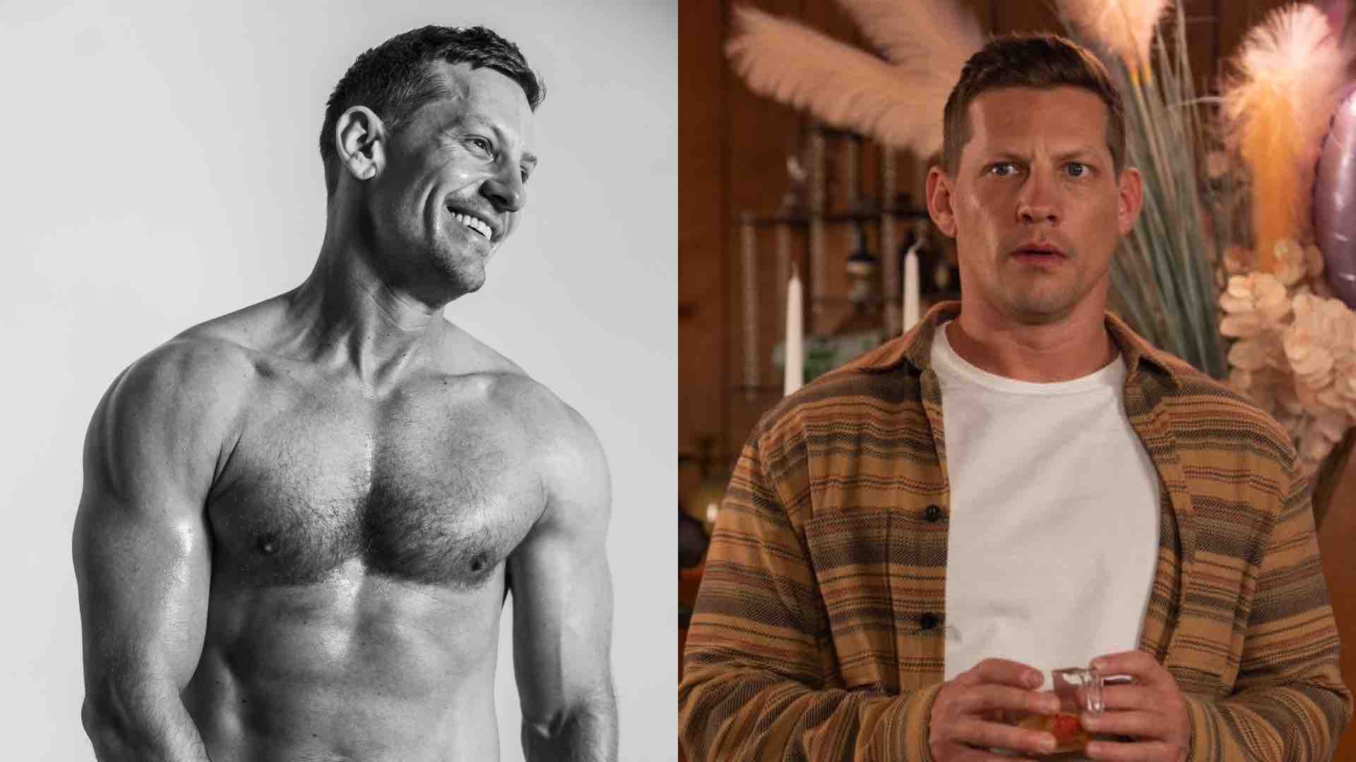 James Sutton shirtless in black and white on the left and his Hollyoaks character John Paul McQueen on the right