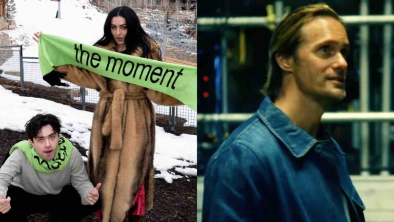 Charli XCX and Aidan Zamiri hold up The Moment merchandise on the left, while Alexander Skarsgård appears on the right as his character, Johannes Godwin