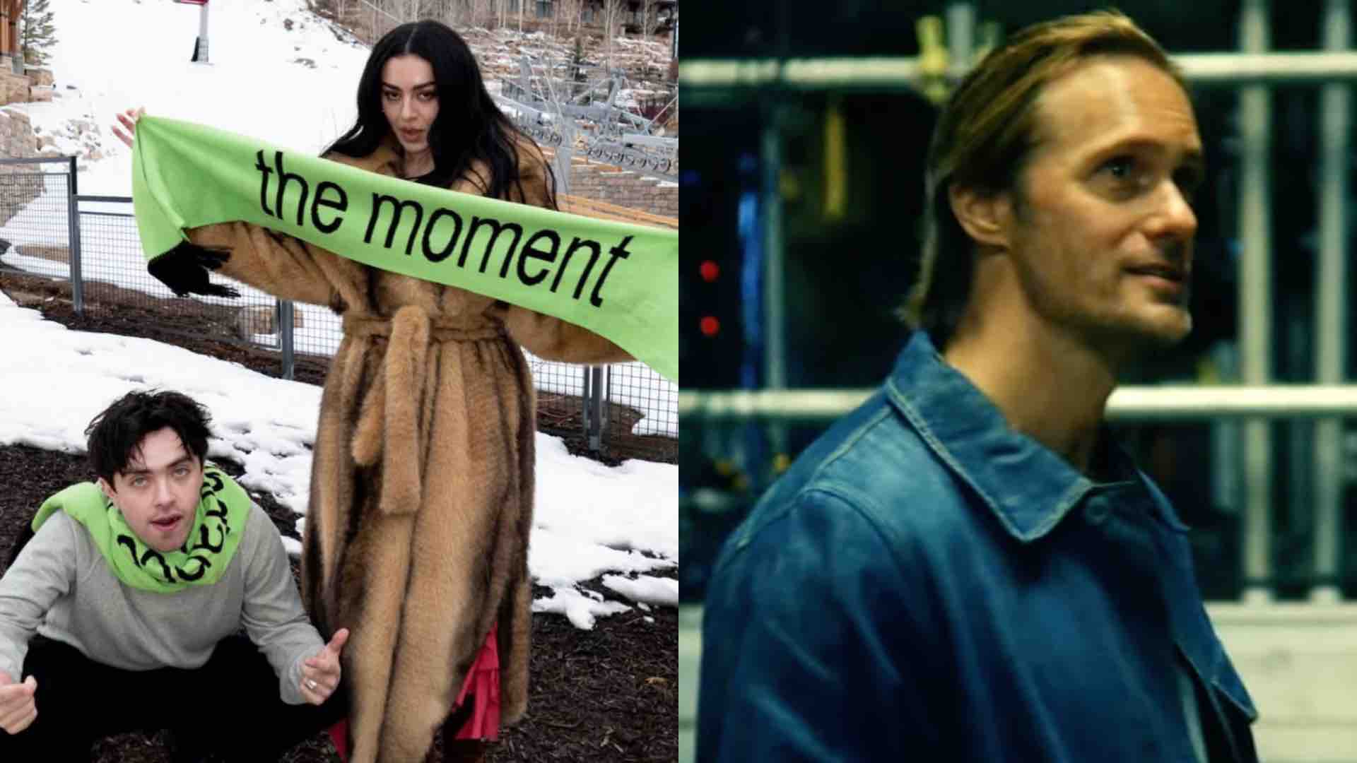 Charli XCX and Aidan Zamiri hold up The Moment merchandise on the left, while Alexander Skarsgård appears on the right as his character, Johannes Godwin