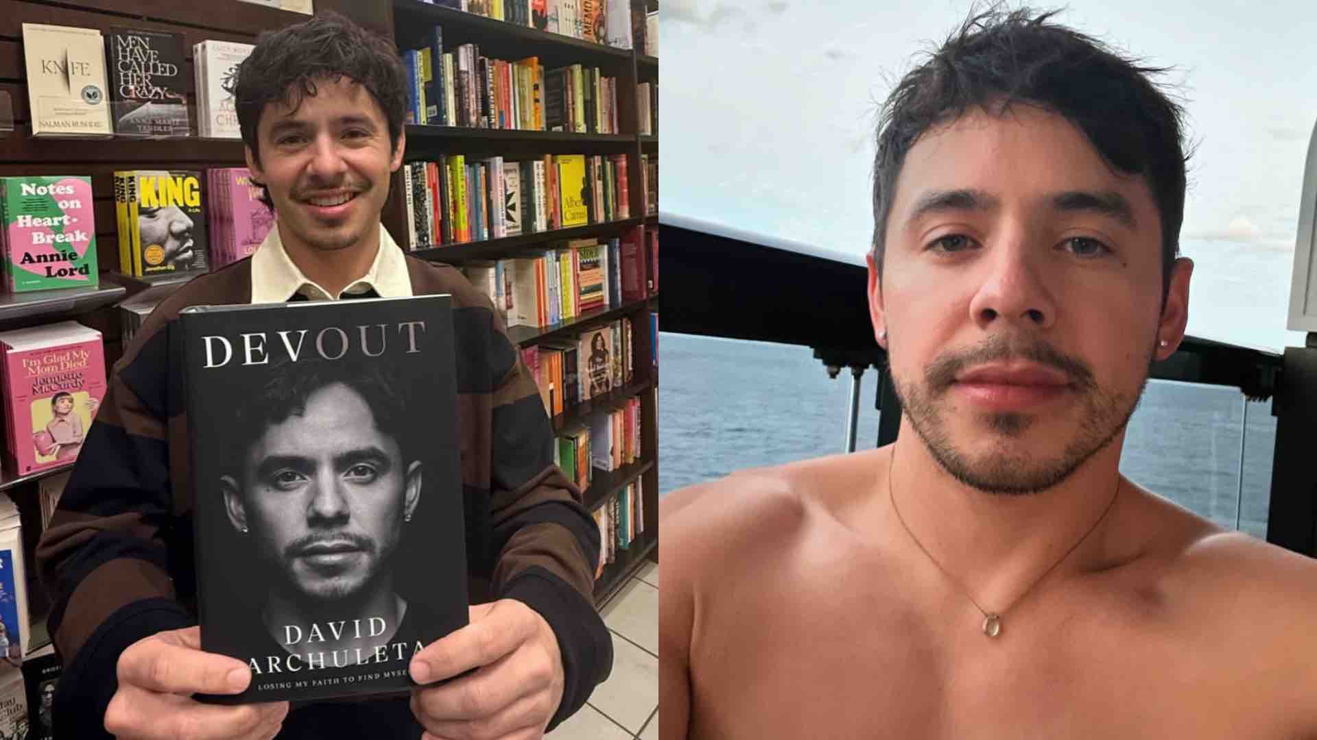 David Archuleta holding his memoir Devout on the left and him shirtless on the right