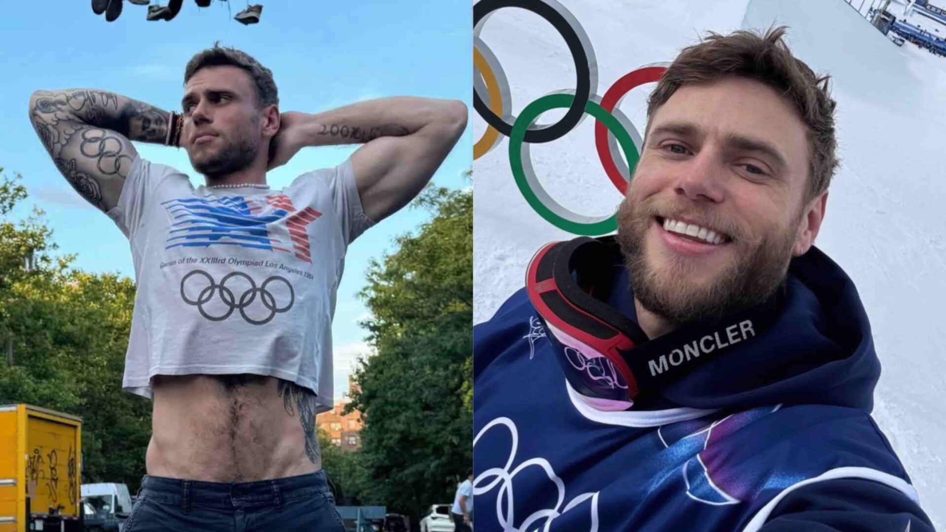 Gus Kenworthy wearing a cropped Olympic t-shirt on the left and him at the 2026 Winter Olympics on the right.