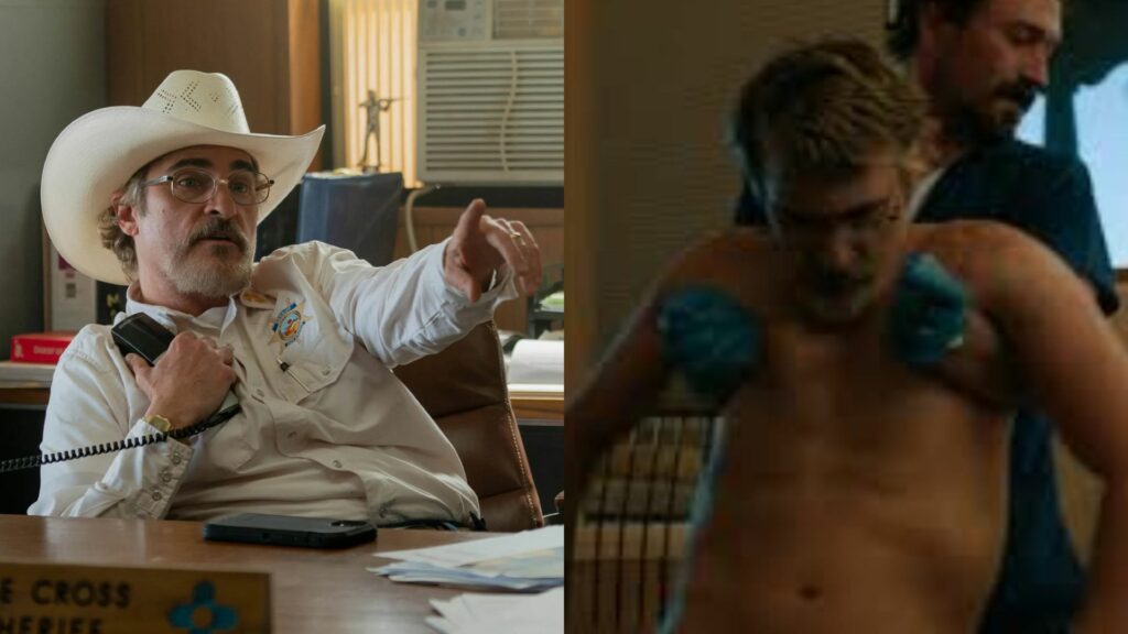 Joaquin Phoenix in Edington, on the left wearing a full white cowboy sherif outfit. and on the right him being dragged away nude by a carer