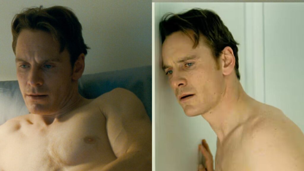 Michael Fassbender shirtless in Shame leaning up against a white door