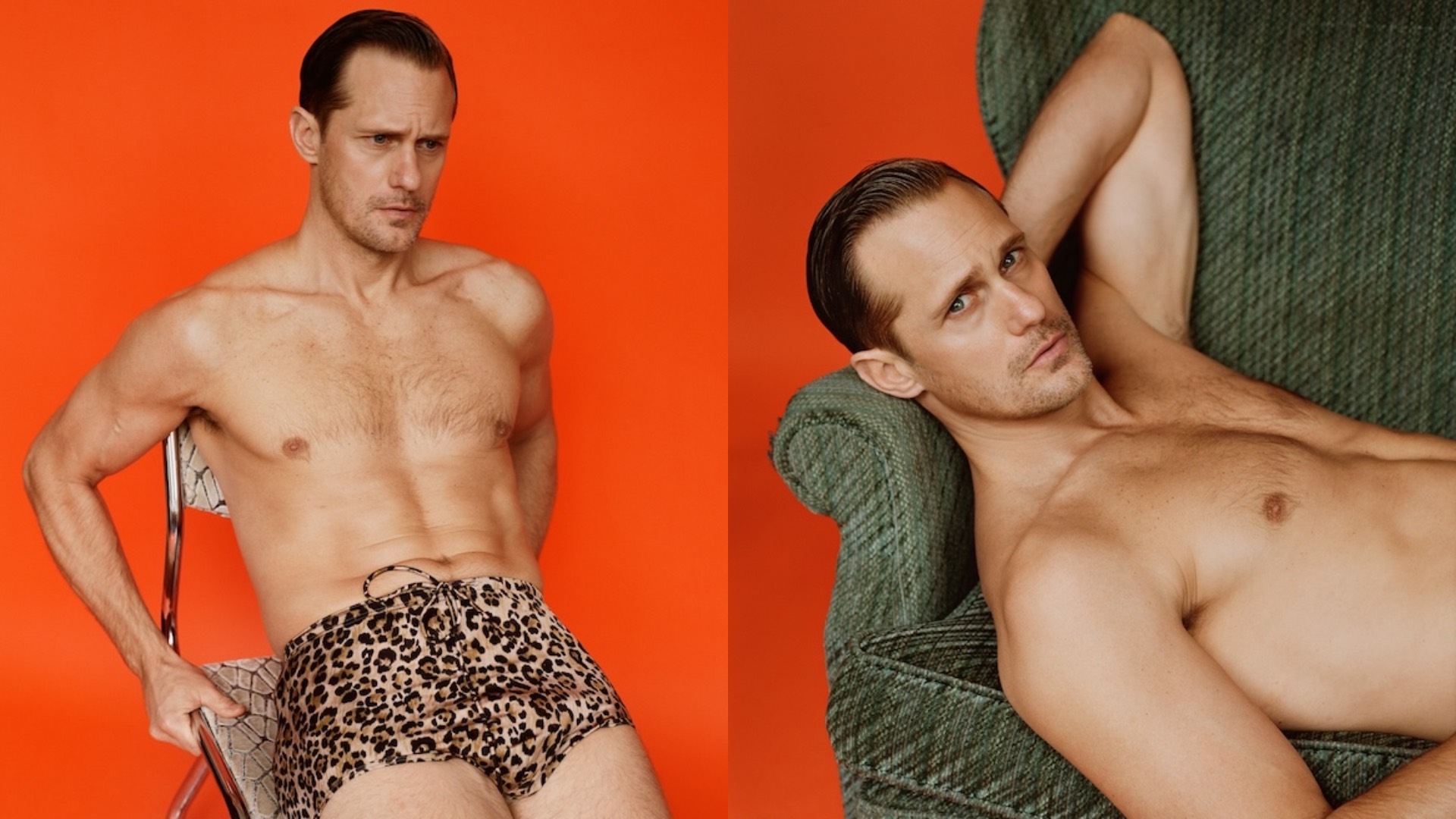 Alexander Skarsgård wearing leopard print shorts, topless, poised upright on a chair on the left, and on the right him sprawled out across a green arm chair topless