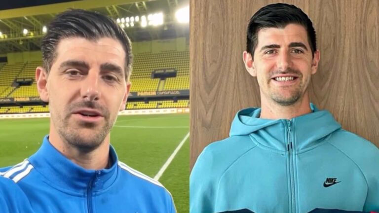 Thibaut Courtois on the football pitch on the left and smiling in a blue hoodie on the right