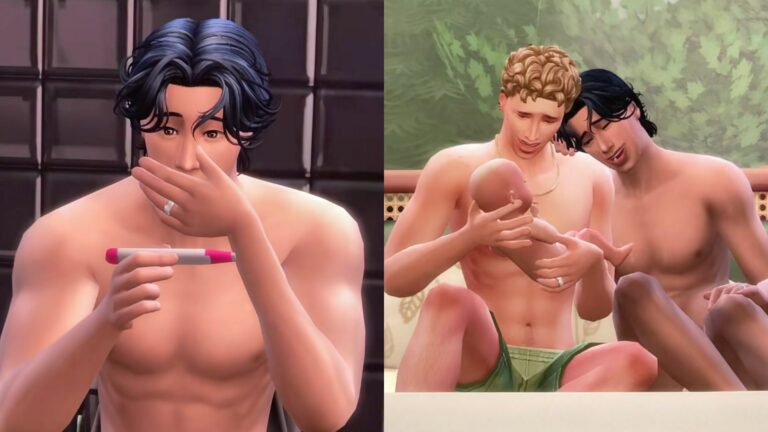 Shane Hollander and Ilya Rozanov in The Sims 4 holding a baby