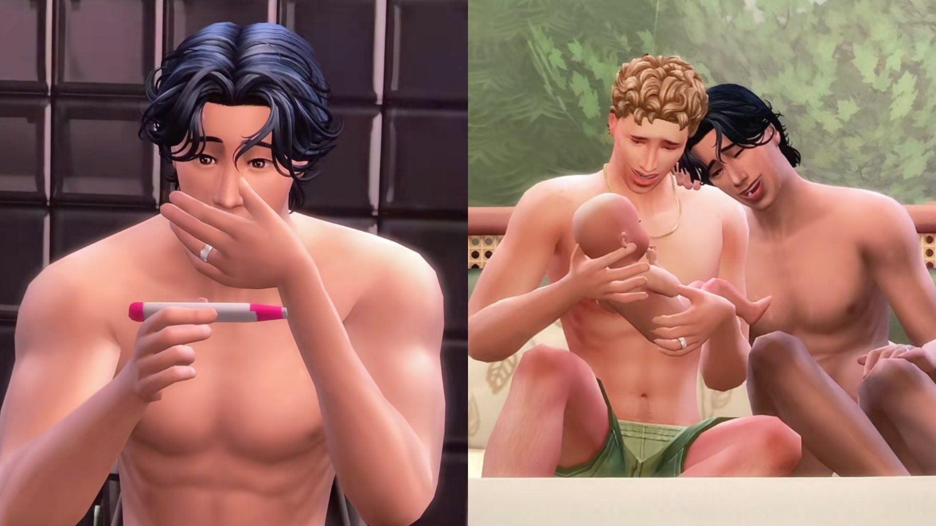 Shane Hollander and Ilya Rozanov in The Sims 4 holding a baby