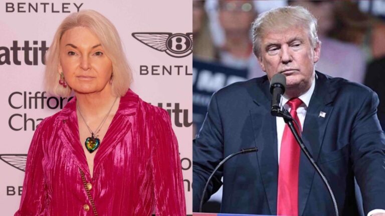 India Willoughby at the Attitude 101 lunch wearing a velvet pink blazer and Donald Trump speaking at a political rally