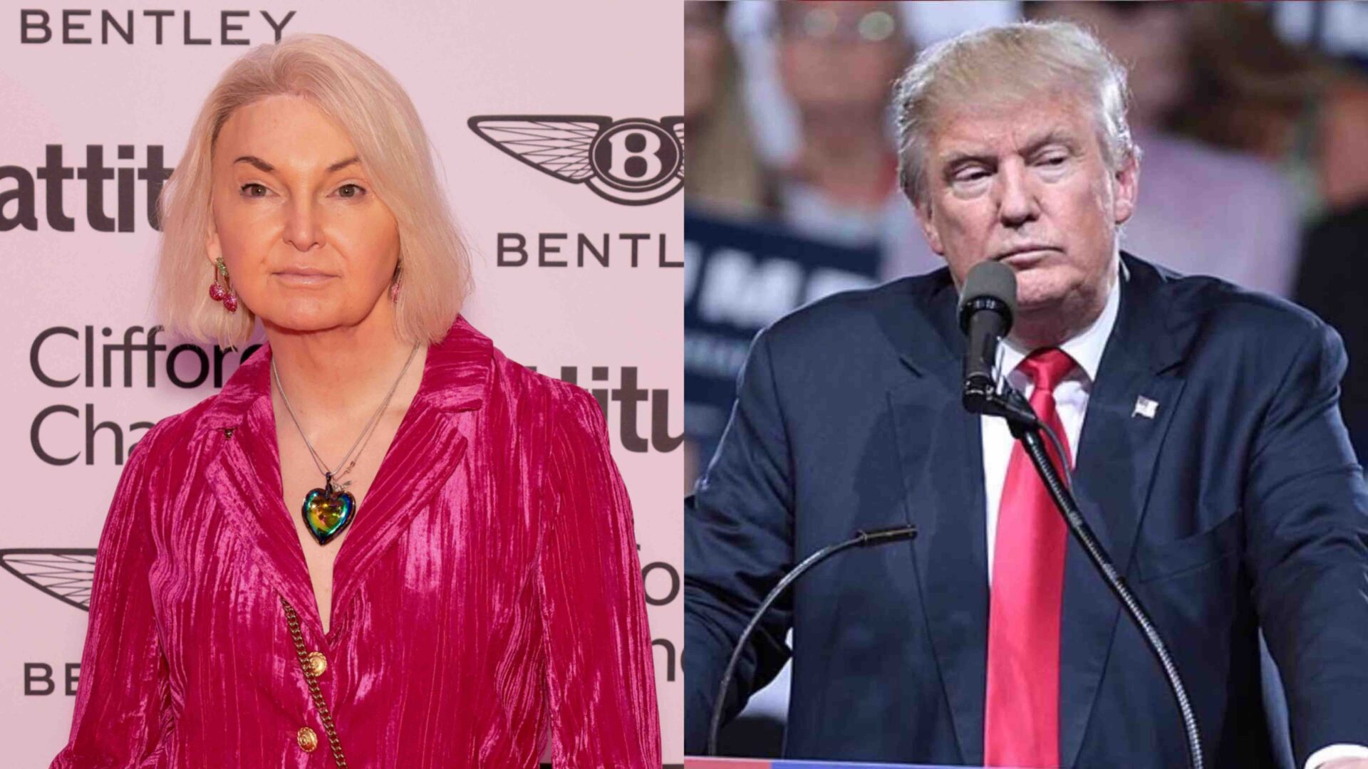 India Willoughby at the Attitude 101 lunch wearing a velvet pink blazer and Donald Trump speaking at a political rally