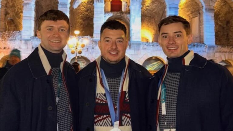 Bruce Mouat; Hammy McMillan and Grant Hardie in their Team GB uniform outside the Colosseum
