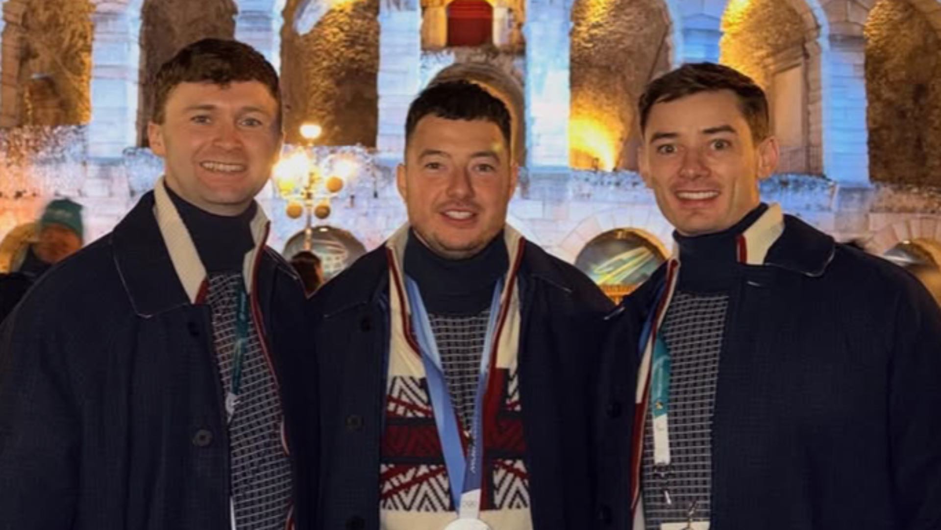 Bruce Mouat; Hammy McMillan and Grant Hardie in their Team GB uniform outside the Colosseum