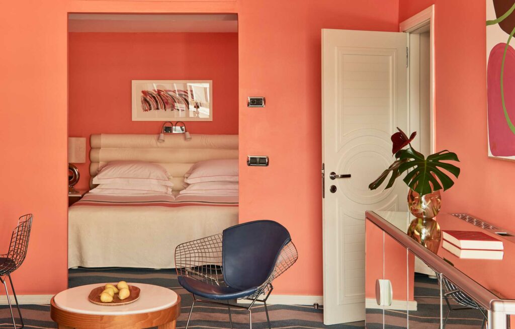 One of the Seaside Palm Beach's coral and blue guest rooms, a colour way that mirrors the nightly sunsets over the Atlantic.