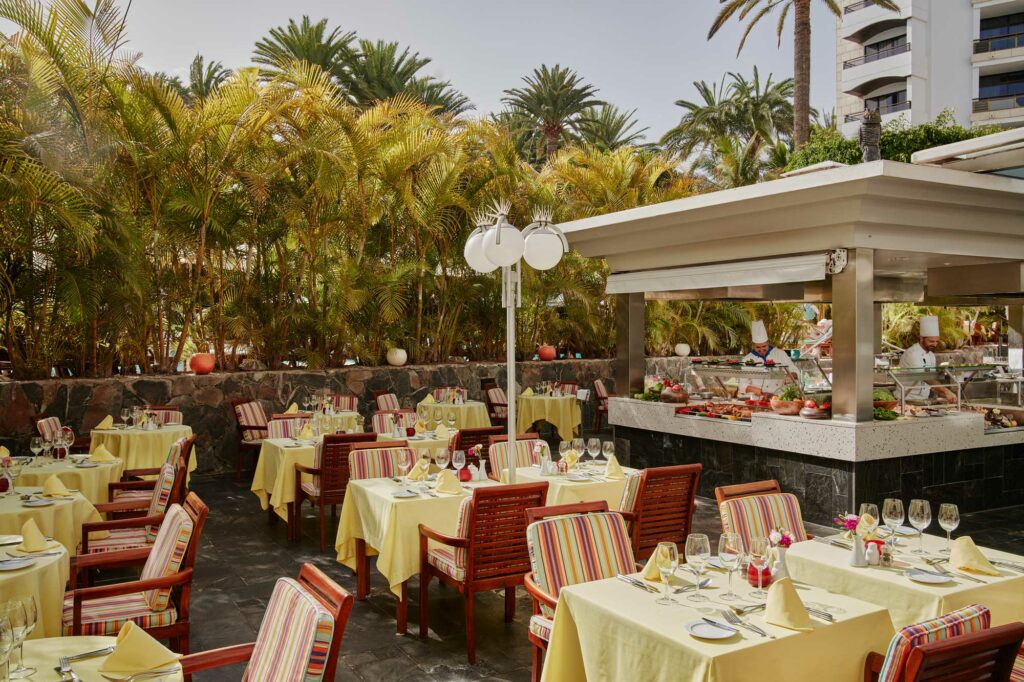 The Seaside Palm Beach's buffet area where breakfast and dinners are served