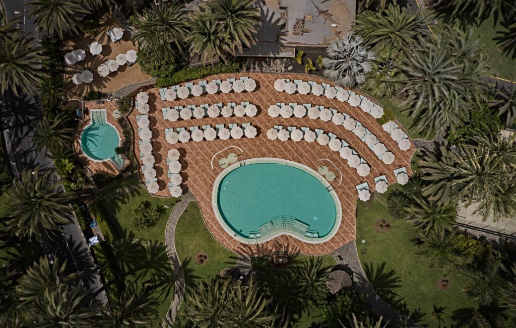 An aerial view of the Seaside Palm Beach's pair of adults-only pools