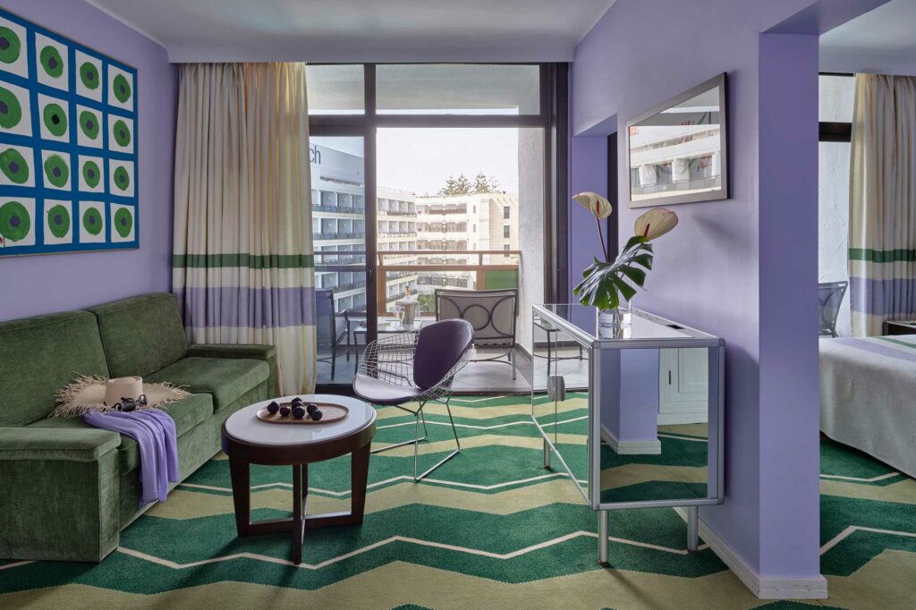 One of the Seaside Palm Beach's violet and green rooms, which is a nod to islands lush subtropical flora