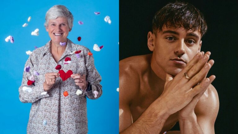 A composite of a smiling woman holding crocheted love hearts and another image of Tom Daley looking into the camera