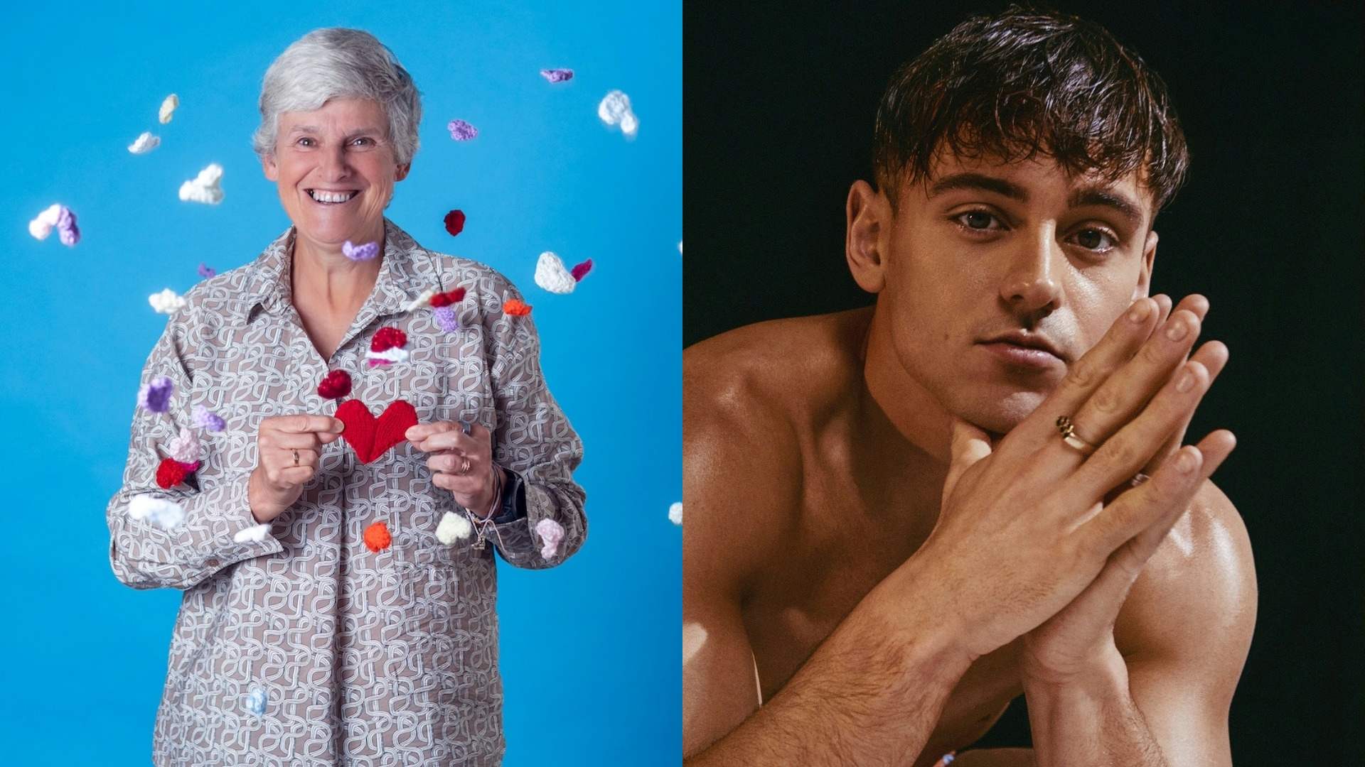 A composite of a smiling woman holding crocheted love hearts and another image of Tom Daley looking into the camera